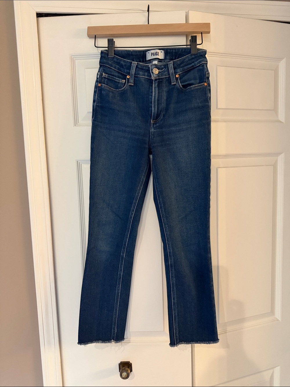 PAIGE Medium Dark Blue Straight Cindy Crop Jeans with Raw Hem